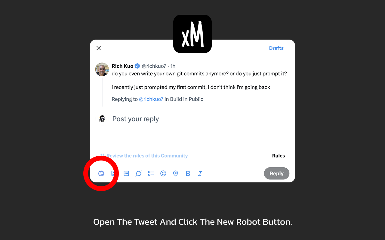 xMatic Dark Mode interface with floating AI panel